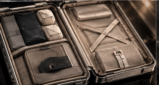 Interior conceptual de una maleta de aluminio con divisores y equipaje perfectamente organizado